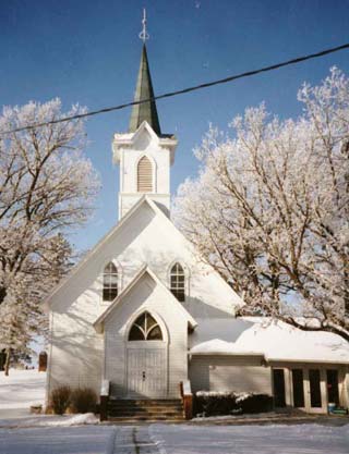 Front view of the church in the winter.