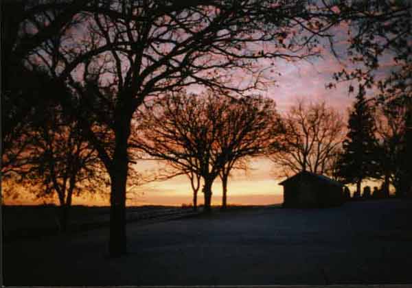 Photo of the log cabin at sunset.